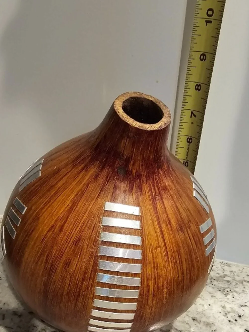 Hand Crafted Wood Gourd Vase with Silver Metal Accents